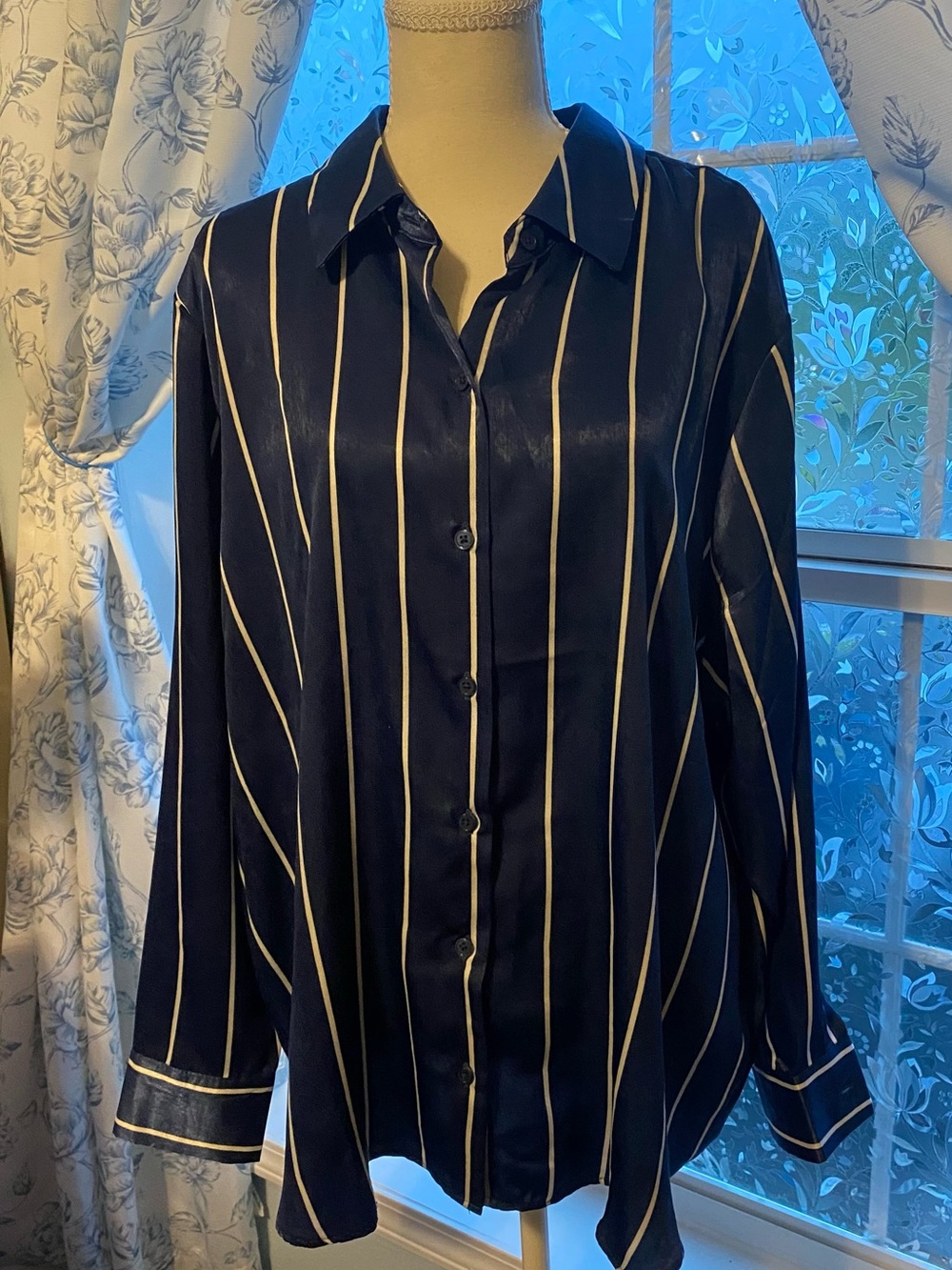 Maurices Navy Blue Button-Up Blouse with Cream Pinstripes